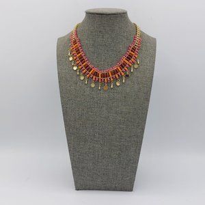 New Jewelry Box Necklace Bib Collar Beaded Orange Pink Metal Fringe Coin Charm